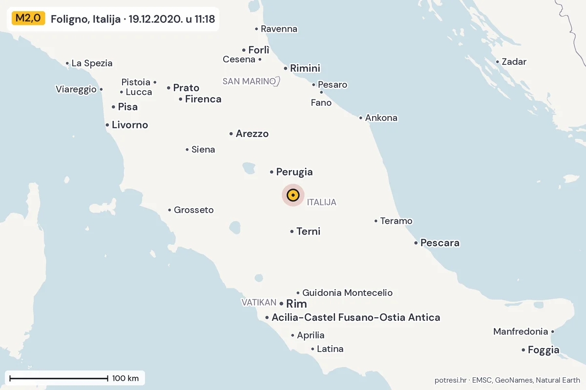 Karta: šire područje, 600 km, potres M2,0, Foligno, Italija, 19.12.2020.