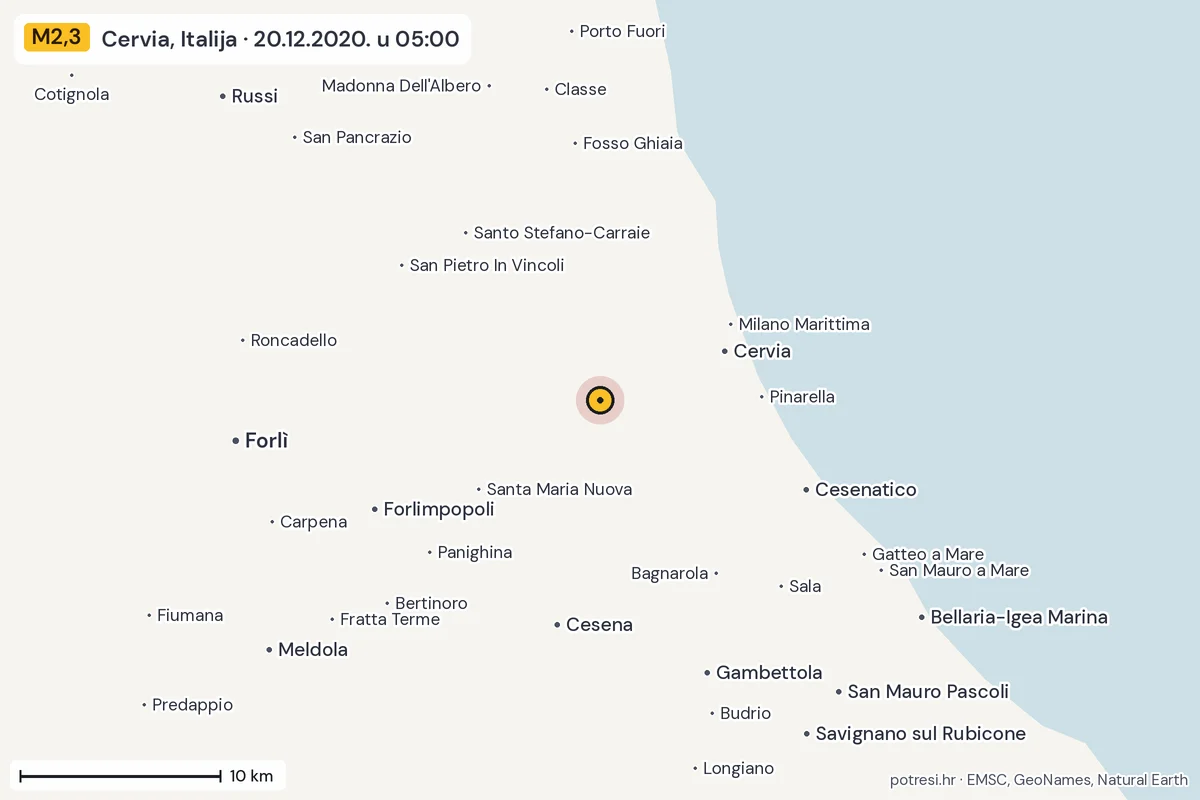 Karta: okolica epicentra, 60 km, potres M2,3, Cervia, Italija, 20.12.2020.