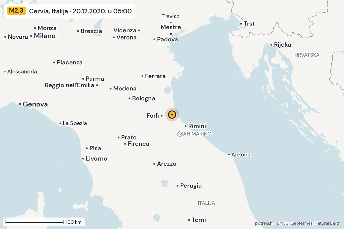 Karta: šire područje, 600 km, potres M2,3, Cervia, Italija, 20.12.2020.