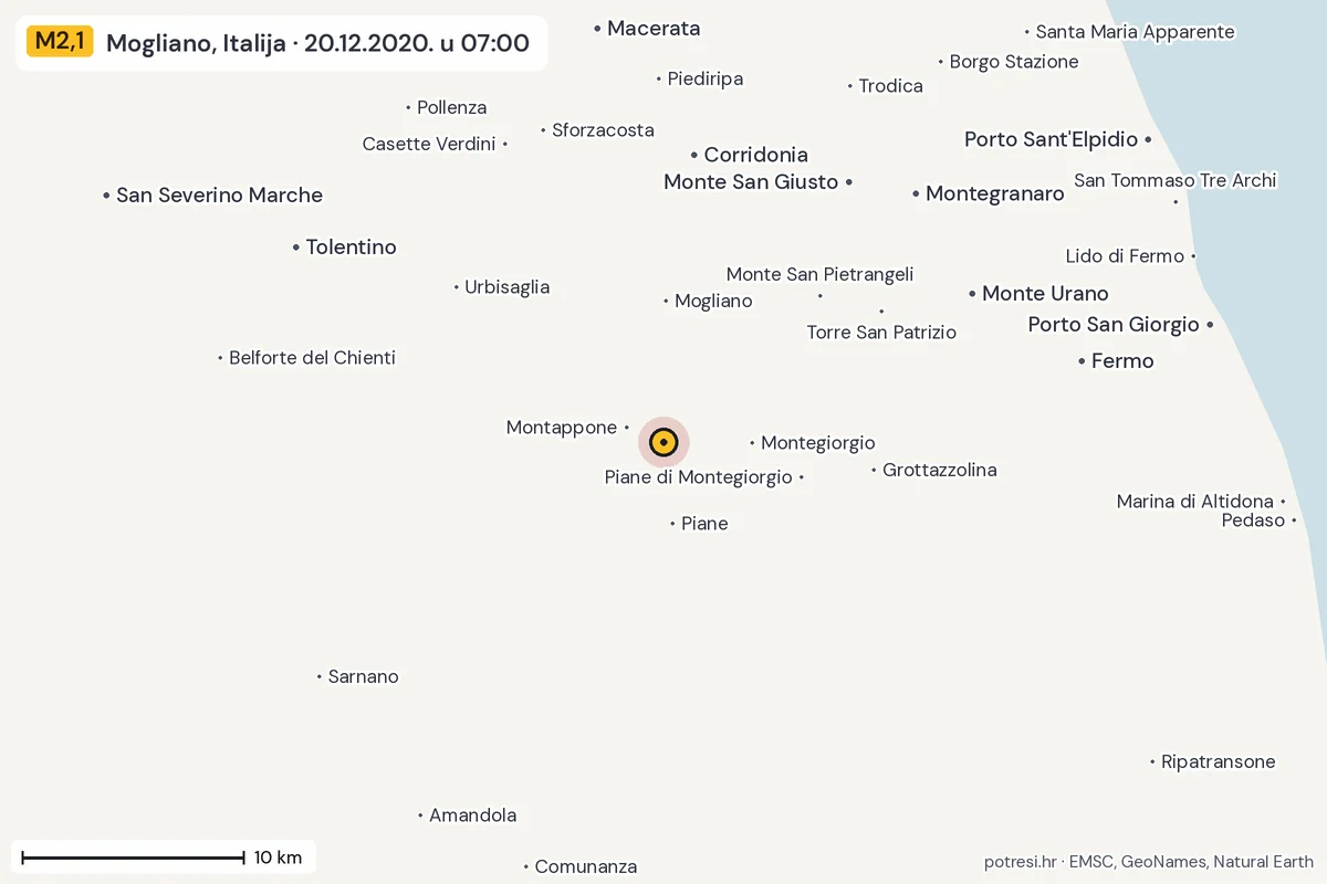 Karta: okolica epicentra, 60 km, potres M2,1, Mogliano, Italija, 20.12.2020.