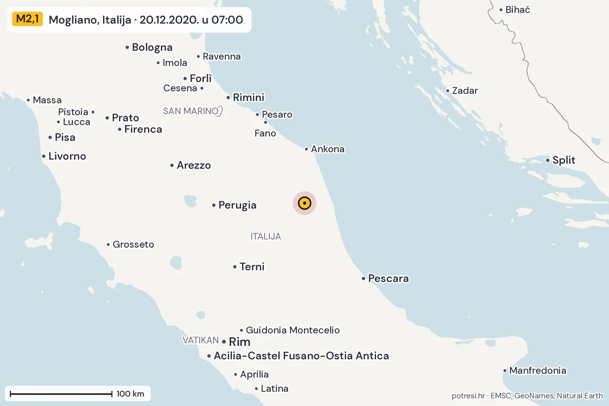 Karta: šire područje, 600 km, potres M2,1, Mogliano, Italija, 20.12.2020.