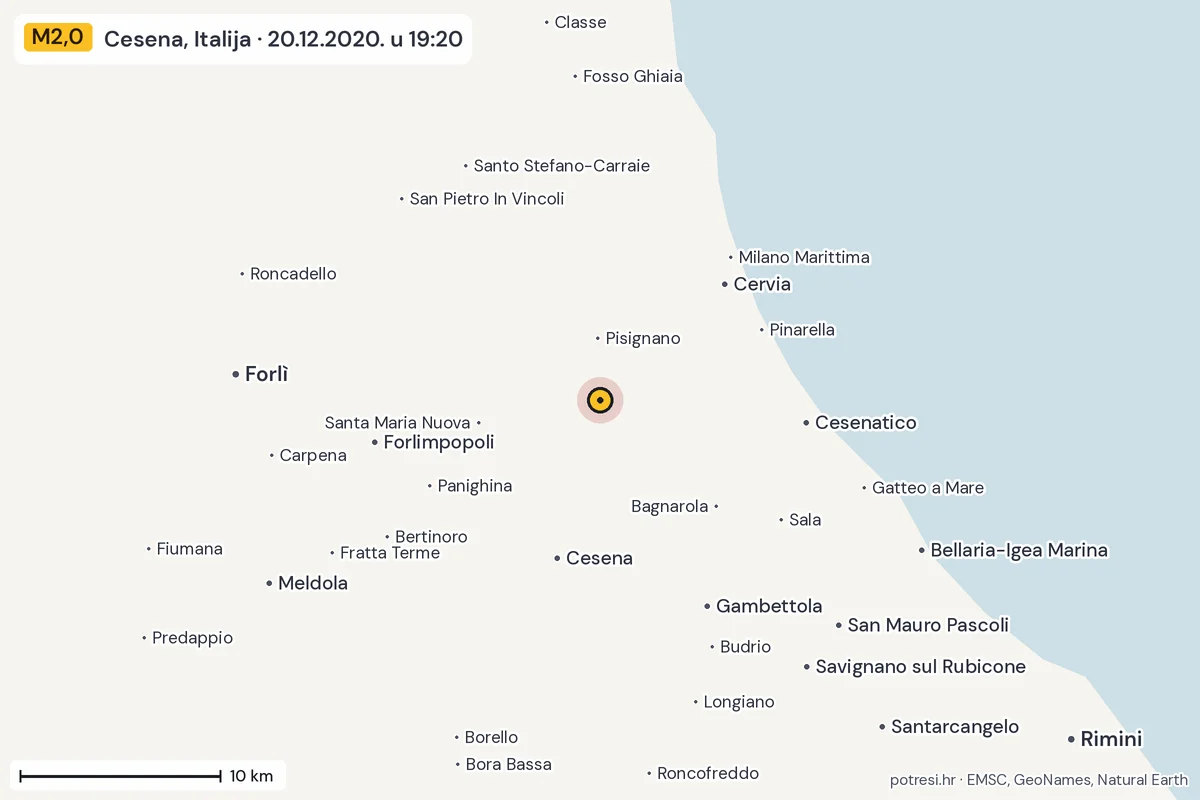 Karta: okolica epicentra, 60 km, potres M2,0, Cesena, Italija, 20.12.2020.