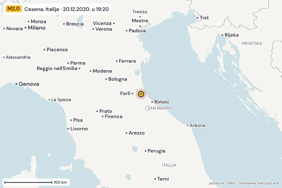 Karta: šire područje, 600 km, potres M2,0, Cesena, Italija, 20.12.2020.
