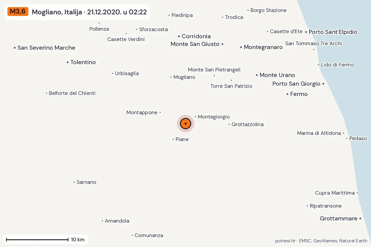 Karta: okolica epicentra, 60 km, potres M3,6, Mogliano, Italija, 21.12.2020.
