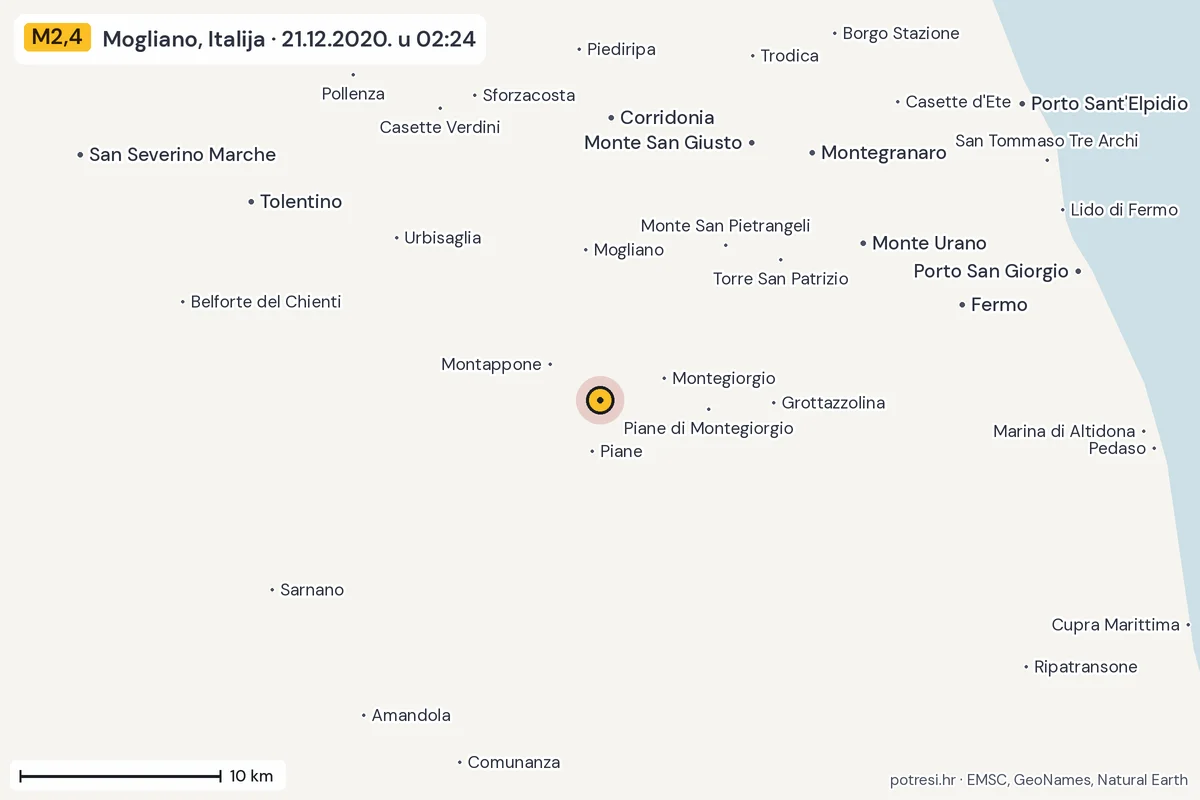 Karta: okolica epicentra, 60 km, potres M2,4, Mogliano, Italija, 21.12.2020.