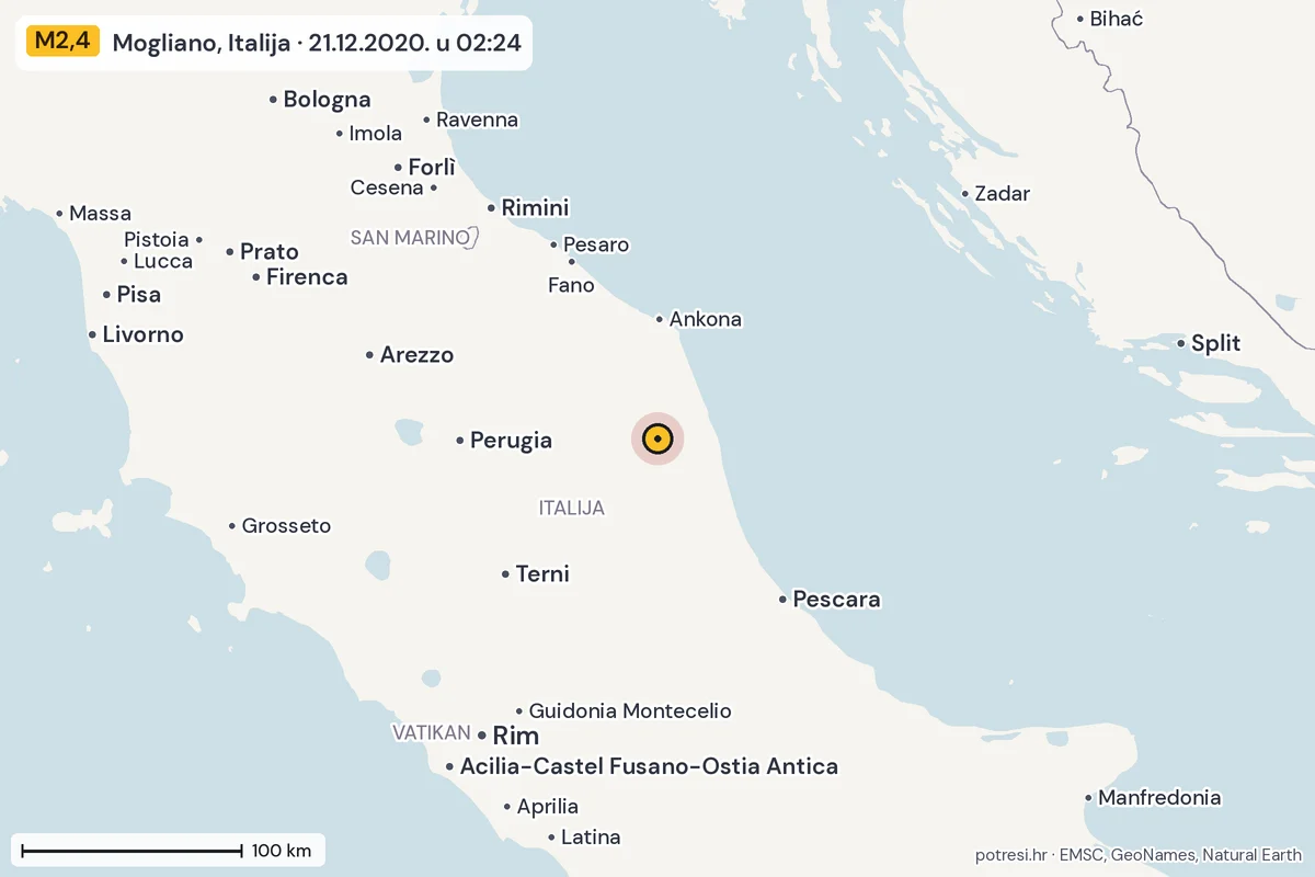 Karta: šire područje, 600 km, potres M2,4, Mogliano, Italija, 21.12.2020.