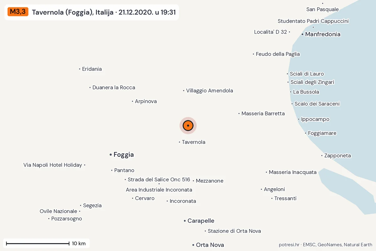 Karta: okolica epicentra, 60 km, potres M3,3, Tavernola (Foggia), Italija, 21.12.2020.