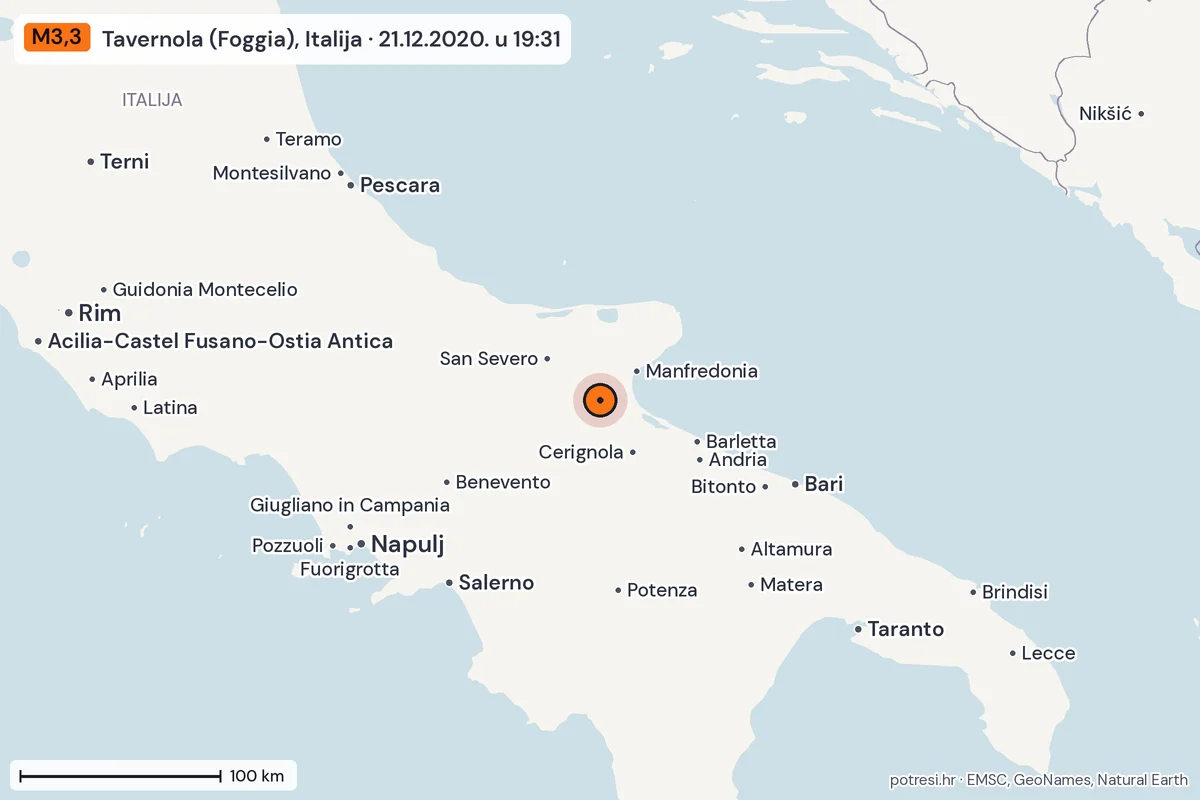 Karta: šire područje, 600 km, potres M3,3, Tavernola (Foggia), Italija, 21.12.2020.