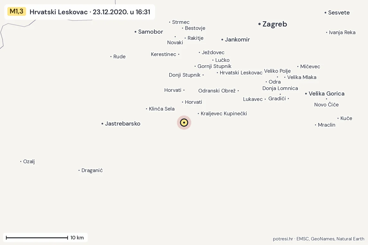 Karta: okolica epicentra, 60 km, potres M1,3, Hrvatski Leskovac, 23.12.2020.