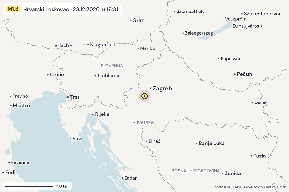 Karta: šire područje, 600 km, potres M1,3, Hrvatski Leskovac, 23.12.2020.