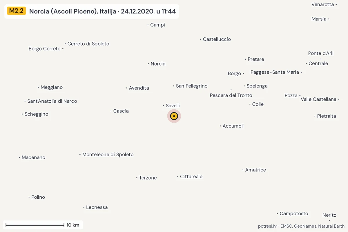 Karta: okolica epicentra, 60 km, potres M2,2, Norcia (Ascoli Piceno), Italija, 24.12.2020.