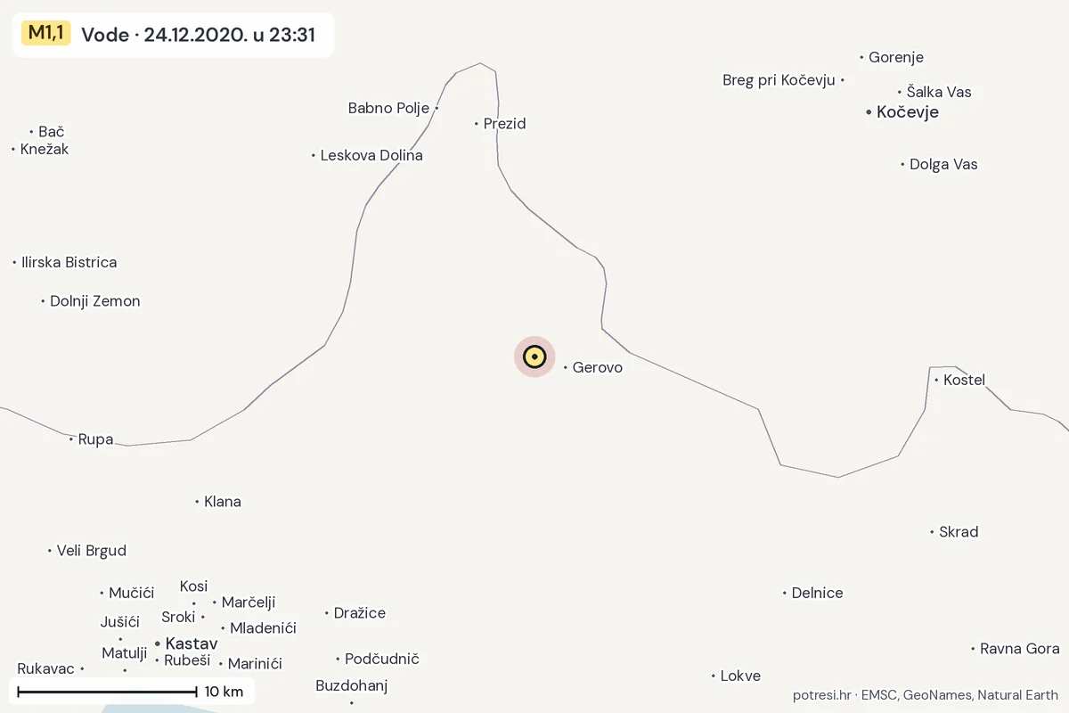 Karta: okolica epicentra, 60 km, potres M1,1, Vode, 24.12.2020.