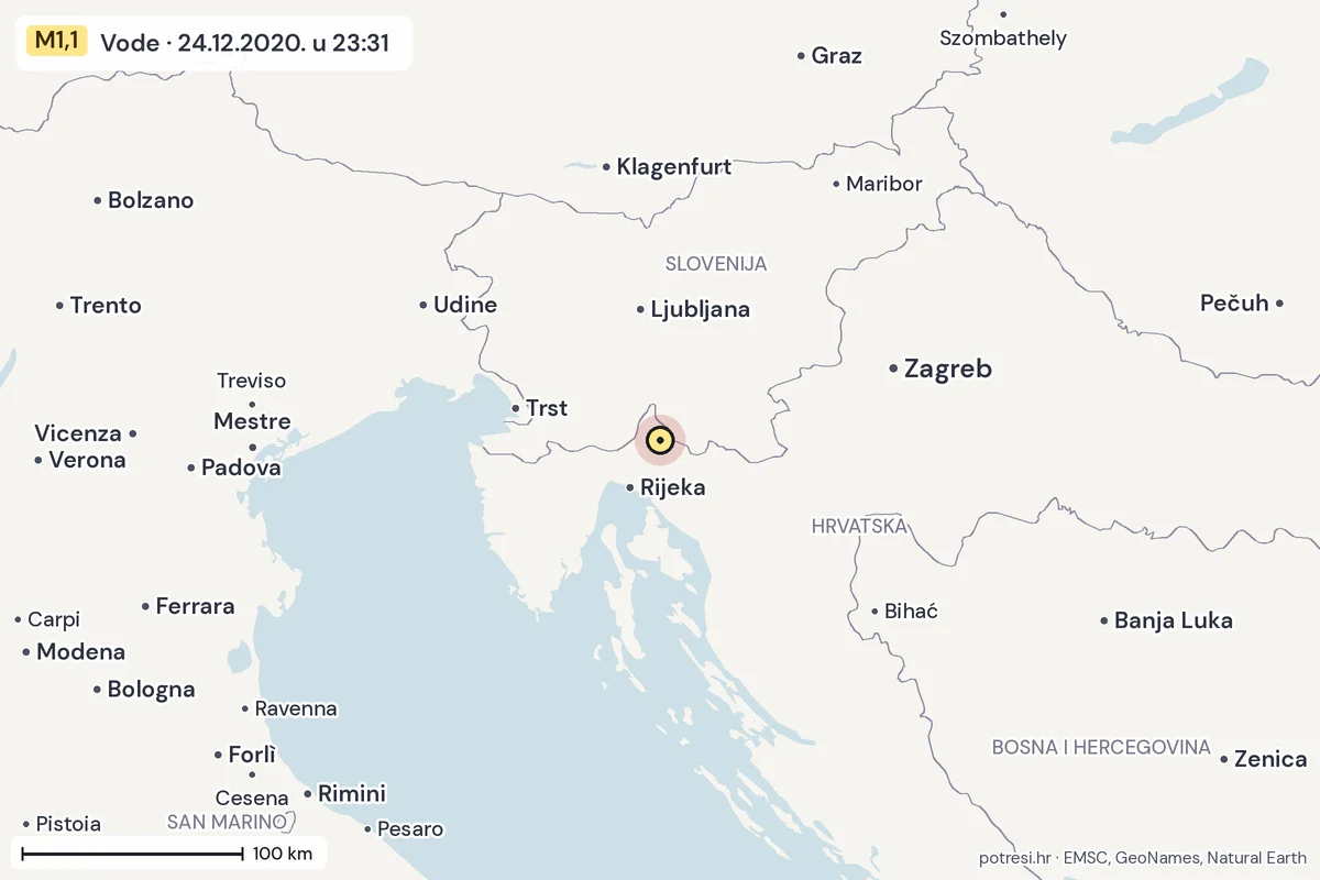 Karta: šire područje, 600 km, potres M1,1, Vode, 24.12.2020.