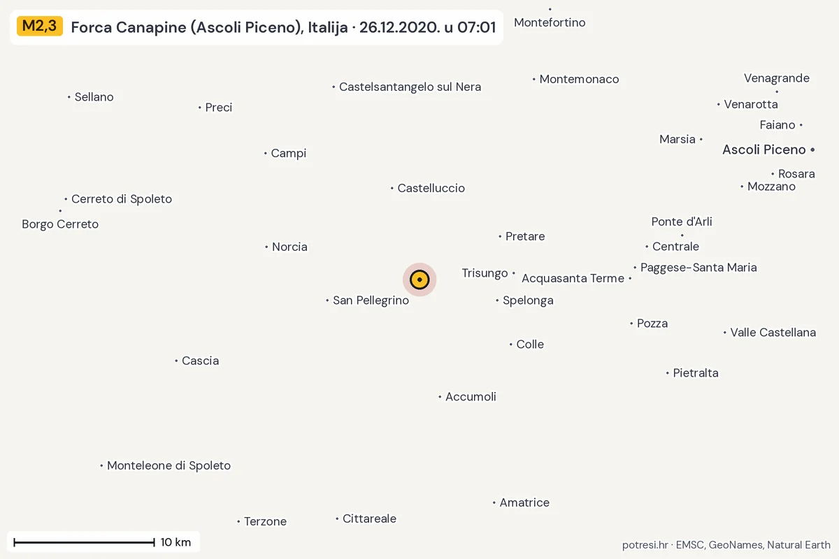 Karta: okolica epicentra, 60 km, potres M2,3, Forca Canapine (Ascoli Piceno), Italija, 26.12.2020.