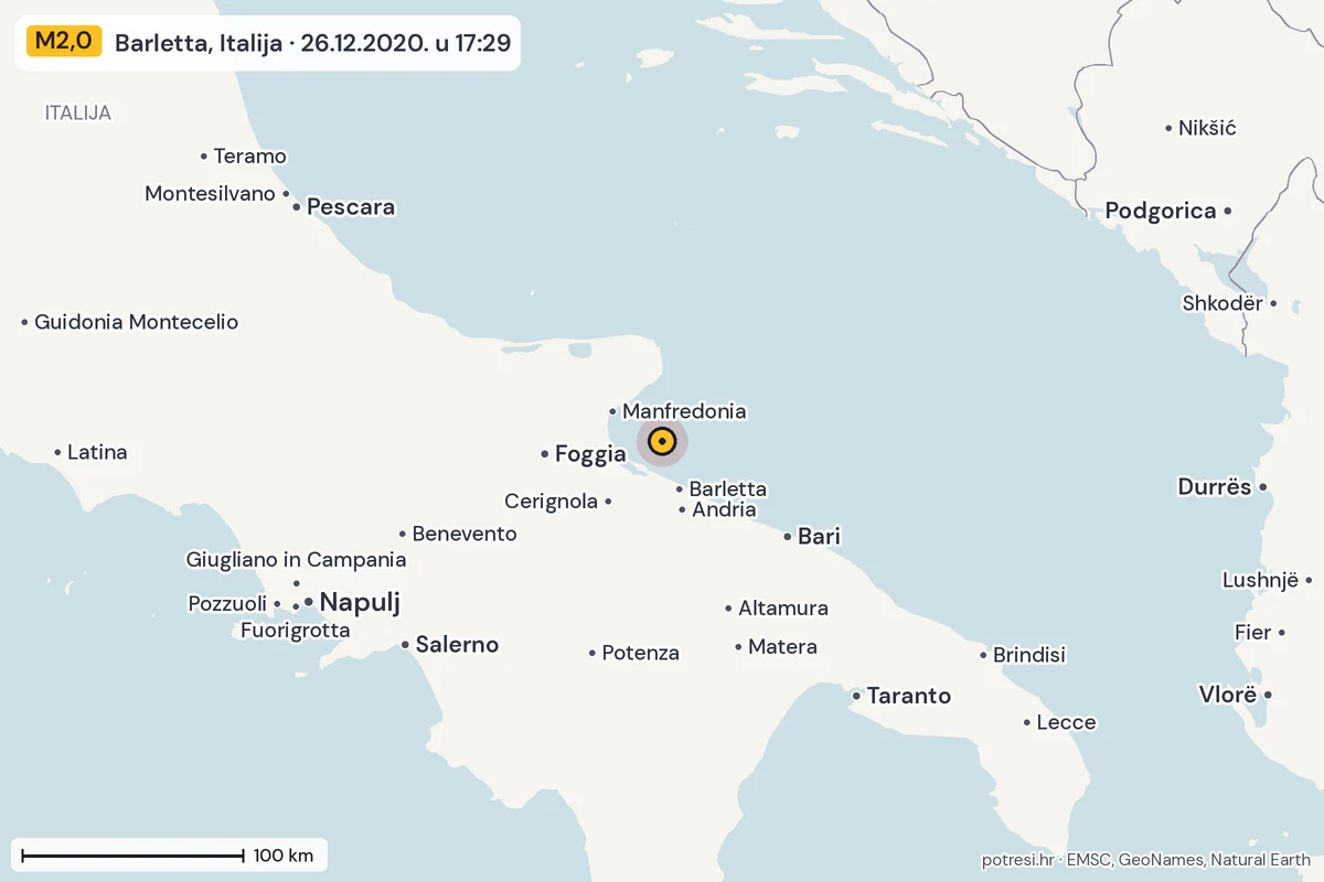 Karta: šire područje, 600 km, potres M2,0, Barletta, Italija, 26.12.2020.