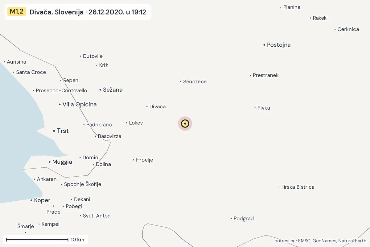 Karta: okolica epicentra, 60 km, potres M1,2, Divača, Slovenija, 26.12.2020.