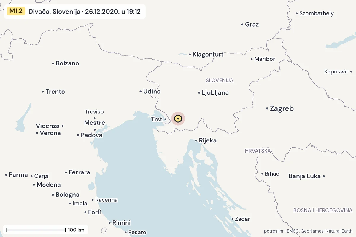 Karta: šire područje, 600 km, potres M1,2, Divača, Slovenija, 26.12.2020.