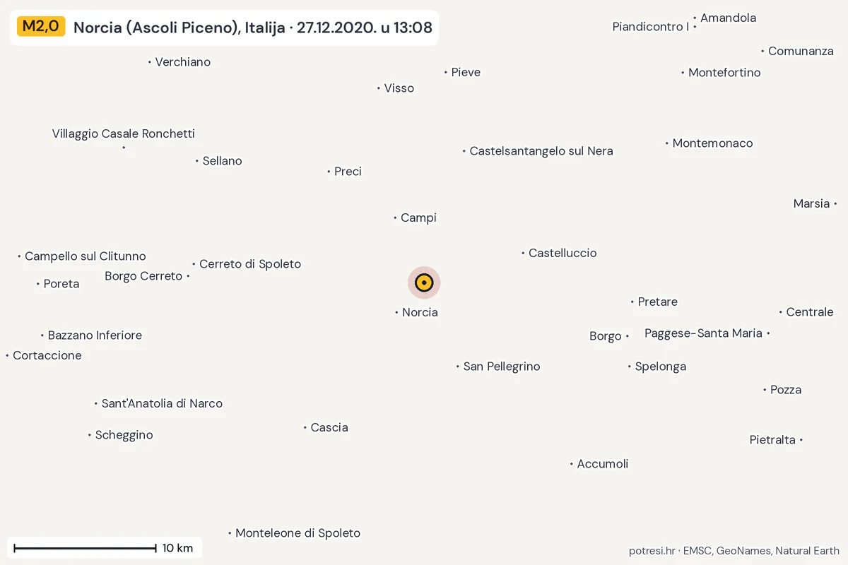 Karta: okolica epicentra, 60 km, potres M2,0, Norcia (Ascoli Piceno), Italija, 27.12.2020.