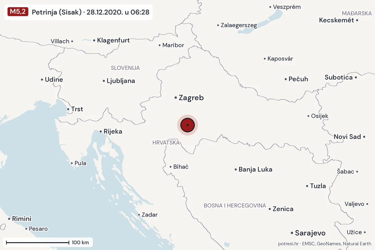 Karta: šire područje, 600 km, potres M5,2, Petrinja (Sisak), 28.12.2020.