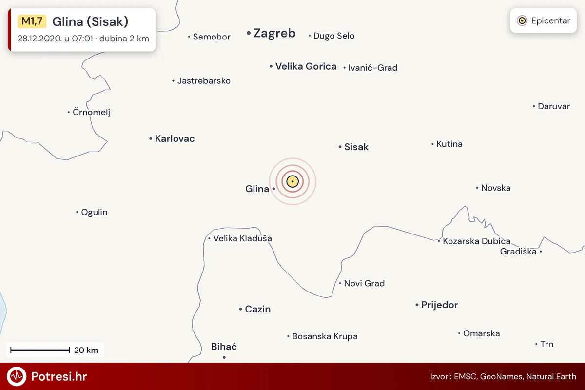 Karta: šire područje i vjerojatni doseg osjeta, potres M1,7, Glina (Sisak), 28.12.2020.