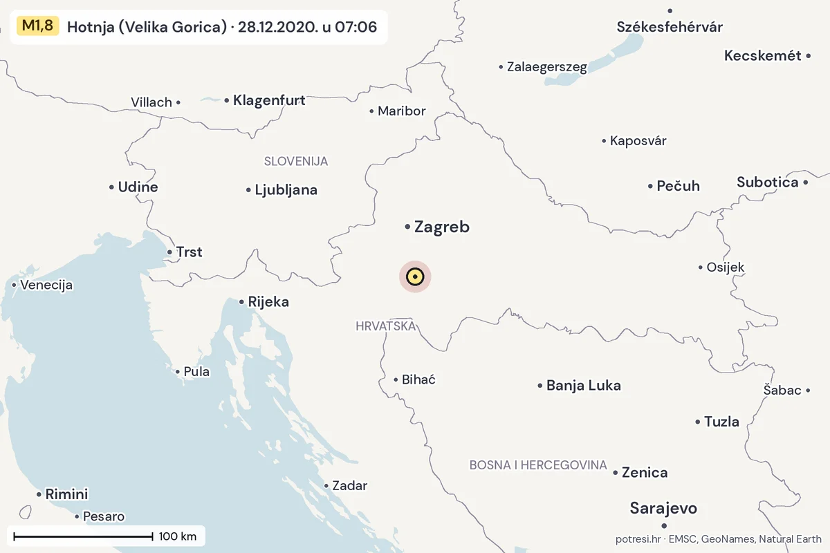 Karta: šire područje, 600 km, potres M1,8, Hotnja (Velika Gorica), 28.12.2020.