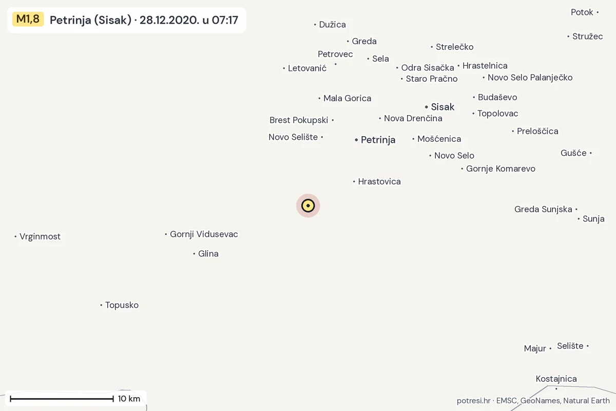 Karta: okolica epicentra, 60 km, potres M1,8, Petrinja (Sisak), 28.12.2020.