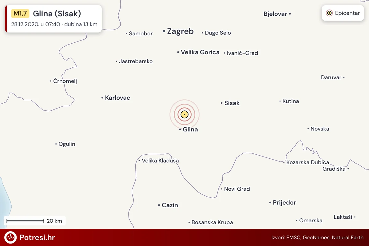 Karta: šire područje i vjerojatni doseg osjeta, potres M1,7, Glina (Sisak), 28.12.2020.
