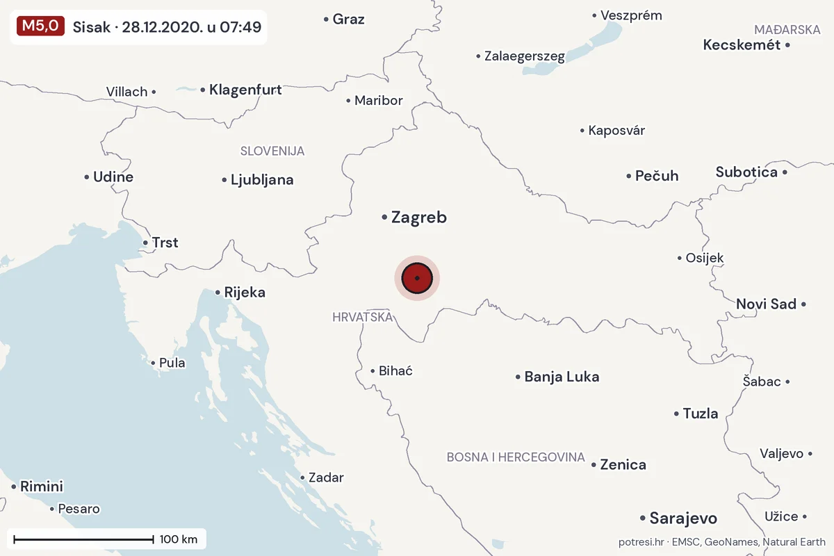 Karta: šire područje, 600 km, potres M5,0, Sisak, 28.12.2020.