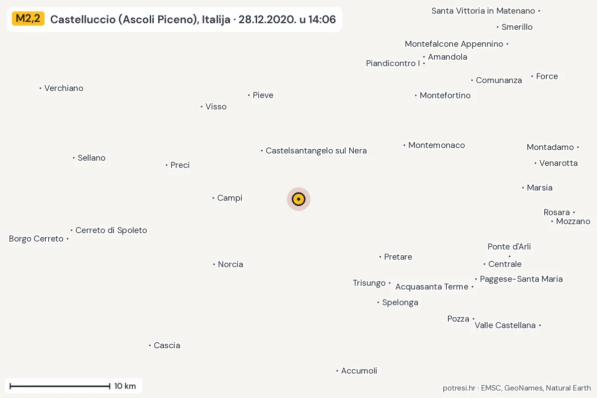 Karta: okolica epicentra, 60 km, potres M2,2, Castelluccio (Ascoli Piceno), Italija, 28.12.2020.