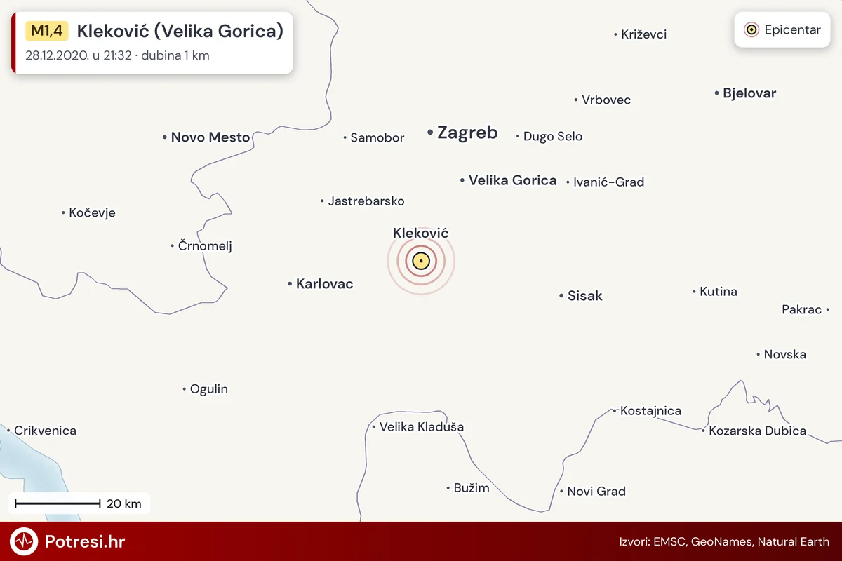 Karta: šire područje i vjerojatni doseg osjeta, potres M1,4, Kleković (Velika Gorica), 28.12.2020.