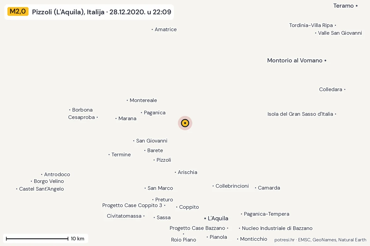 Karta: okolica epicentra, 60 km, potres M2,0, Pizzoli (L'Aquila), Italija, 28.12.2020.