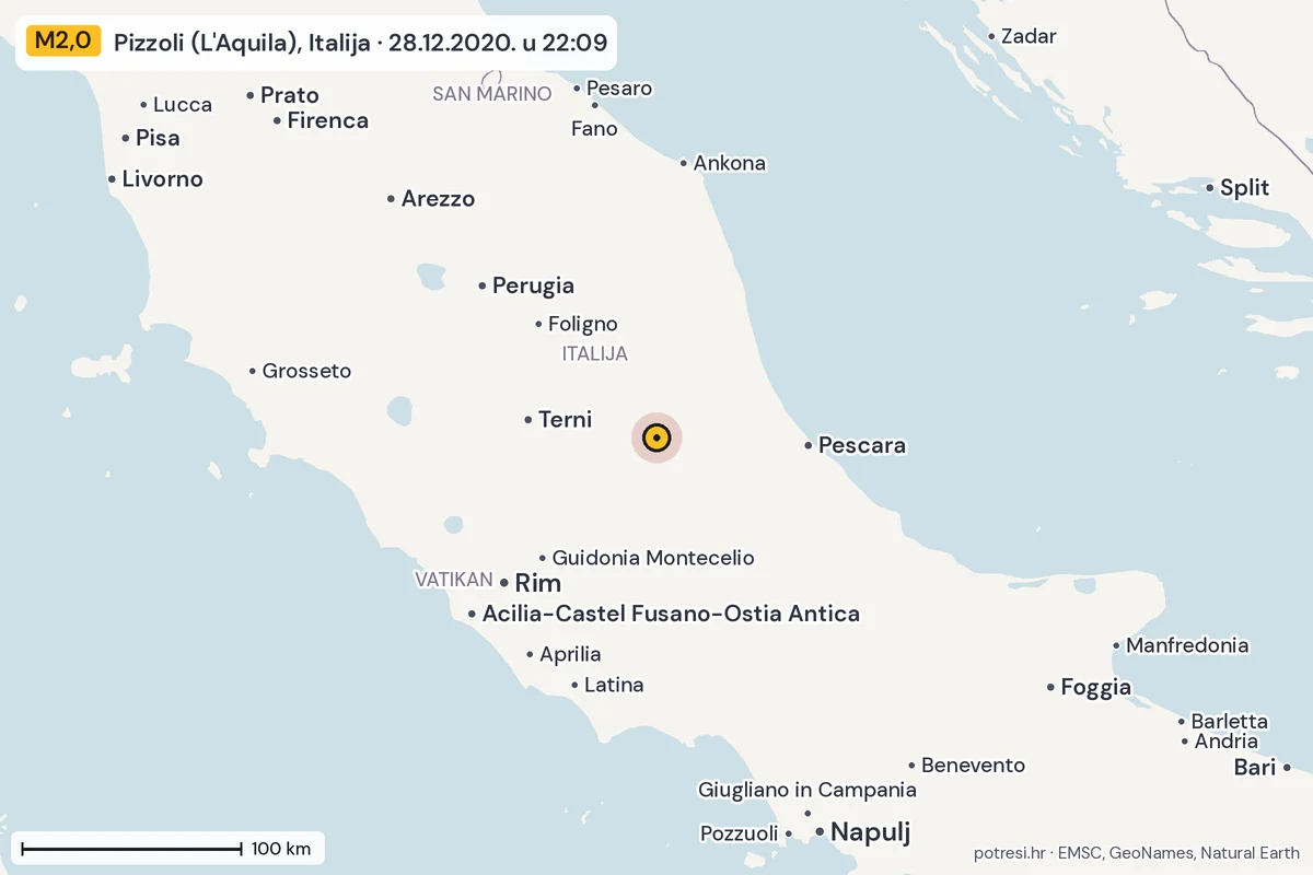Karta: šire područje, 600 km, potres M2,0, Pizzoli (L'Aquila), Italija, 28.12.2020.
