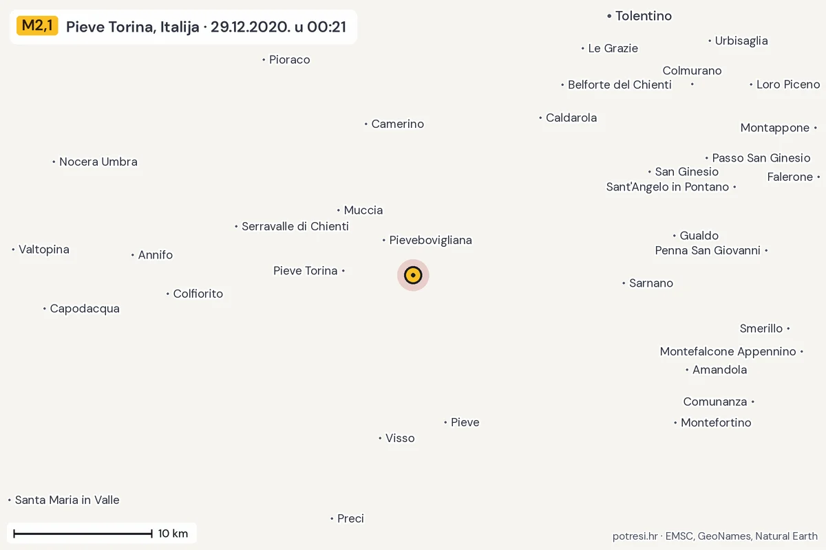 Karta: okolica epicentra, 60 km, potres M2,1, Pieve Torina, Italija, 29.12.2020.
