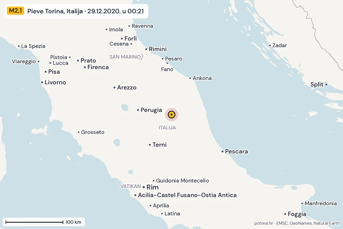 Karta: šire područje, 600 km, potres M2,1, Pieve Torina, Italija, 29.12.2020.