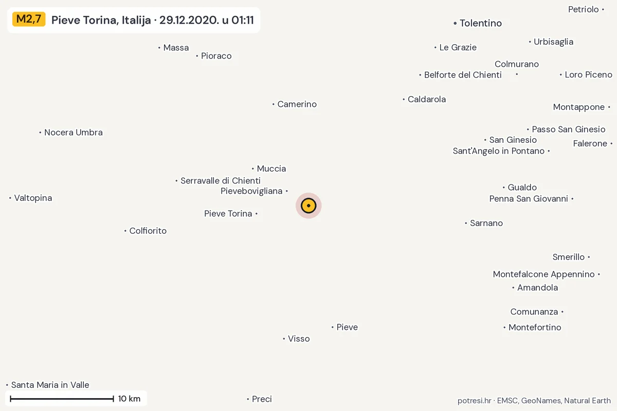 Karta: okolica epicentra, 60 km, potres M2,7, Pieve Torina, Italija, 29.12.2020.