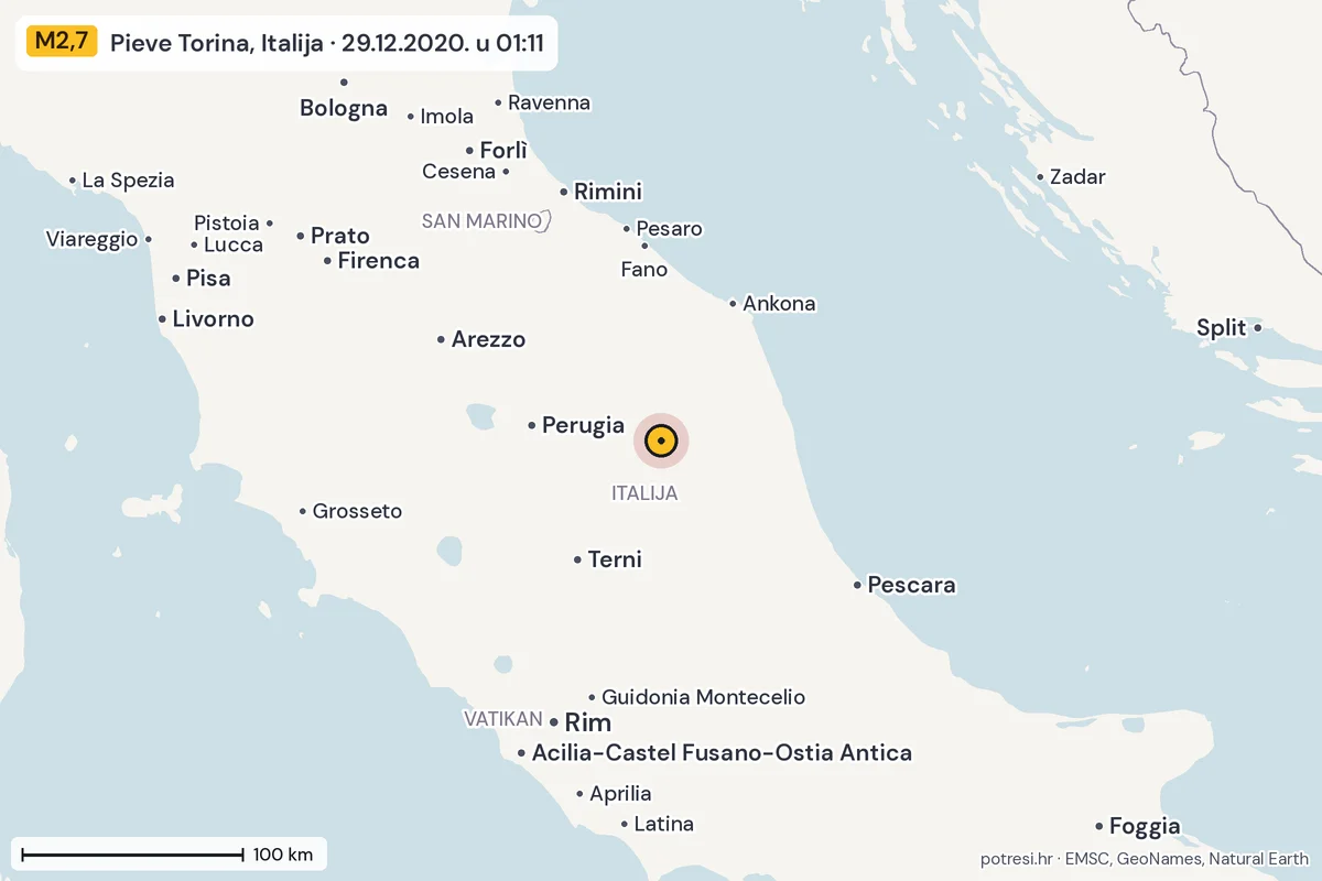 Karta: šire područje, 600 km, potres M2,7, Pieve Torina, Italija, 29.12.2020.