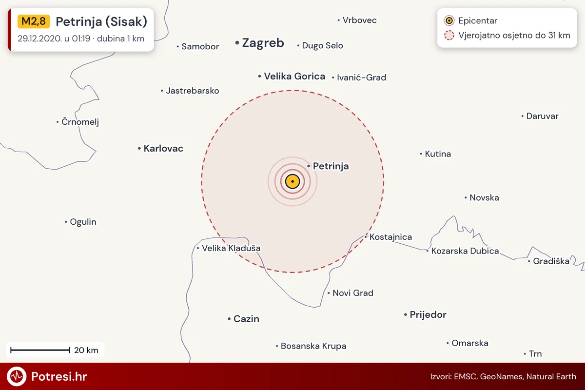 Karta: šire područje i vjerojatni doseg osjeta, potres M2,8, Petrinja (Sisak), 29.12.2020.