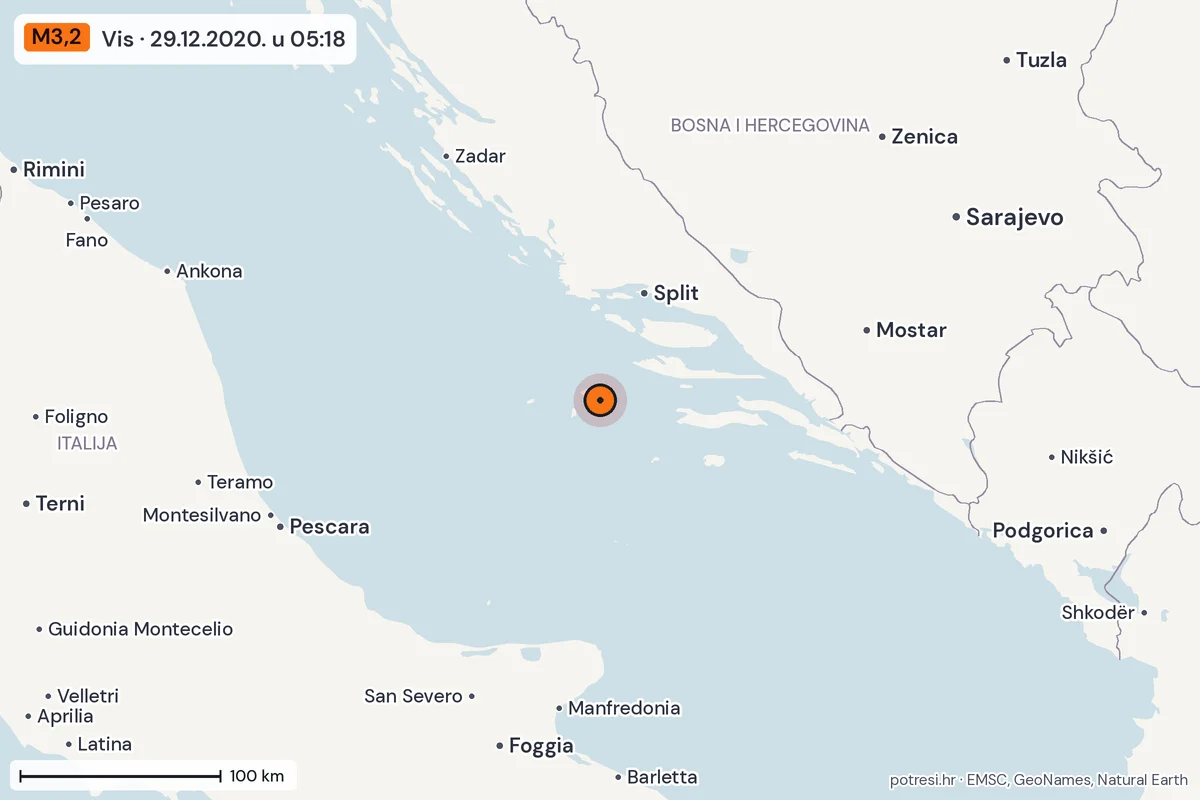 Karta: šire područje, 600 km, potres M3,2, Vis, 29.12.2020.