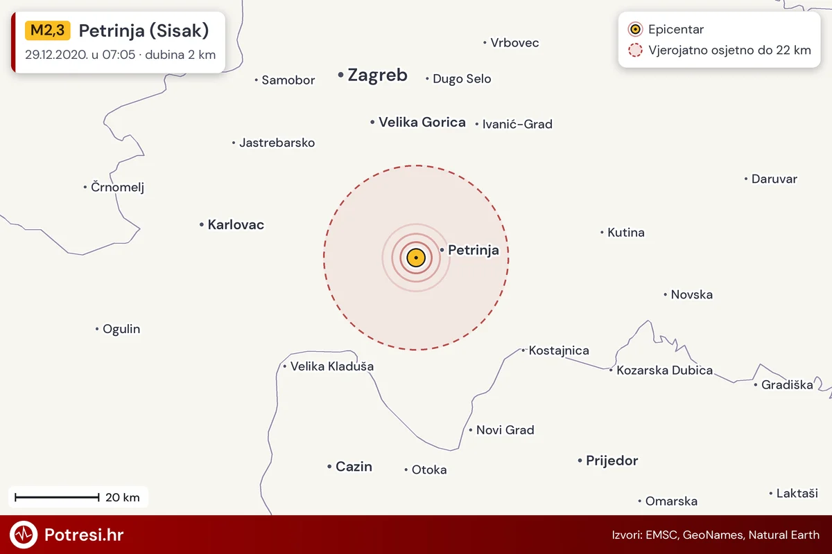 Karta: šire područje i vjerojatni doseg osjeta, potres M2,3, Petrinja (Sisak), 29.12.2020.