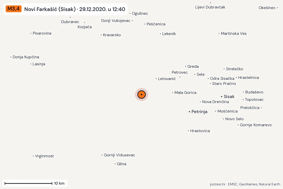 Karta: okolica epicentra, 60 km, potres M3,4, Novi Farkašić (Sisak), 29.12.2020.