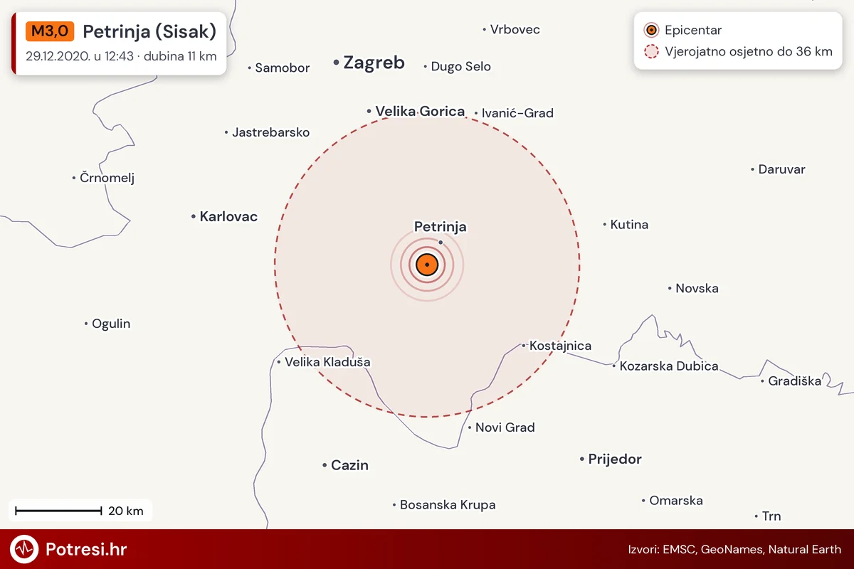 Karta: šire područje i vjerojatni doseg osjeta, potres M3,0, Petrinja (Sisak), 29.12.2020.