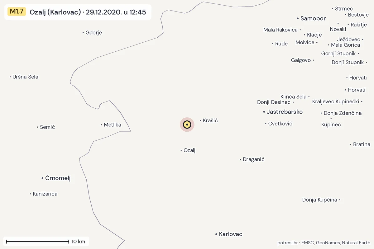 Karta: okolica epicentra, 60 km, potres M1,7, Ozalj (Karlovac), 29.12.2020.