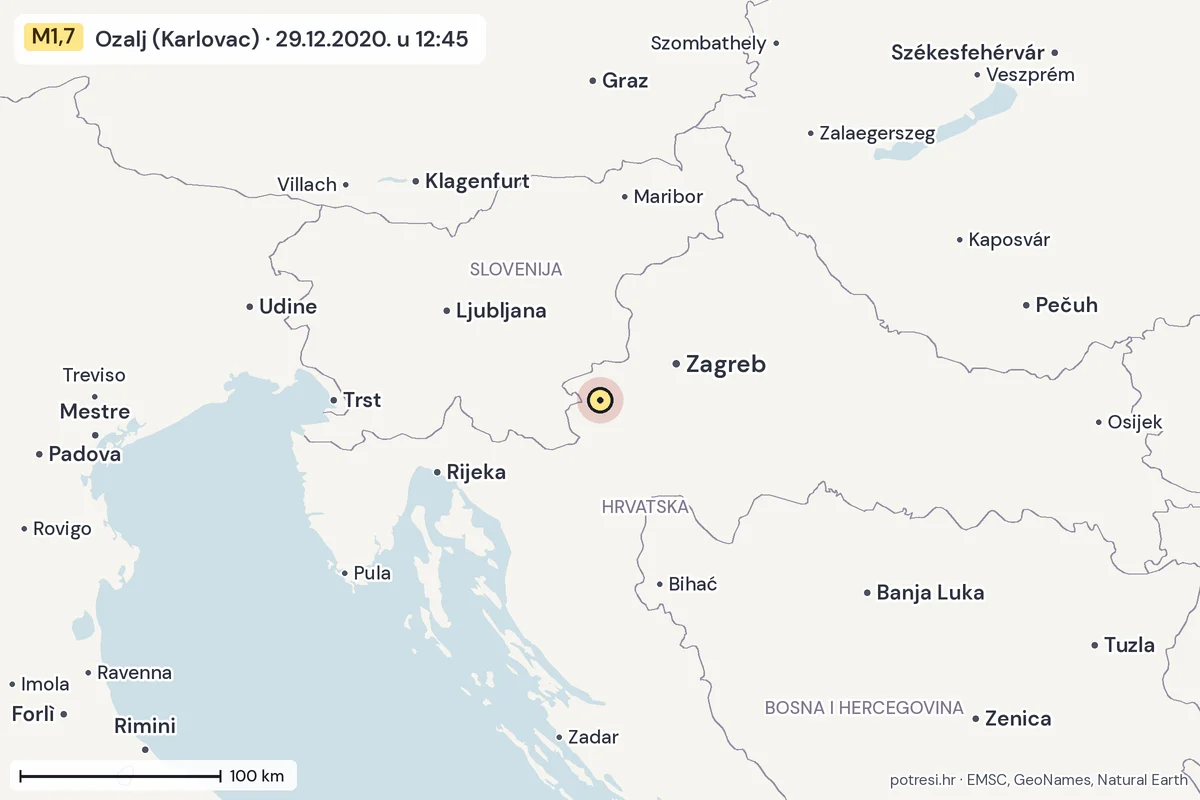 Karta: šire područje, 600 km, potres M1,7, Ozalj (Karlovac), 29.12.2020.