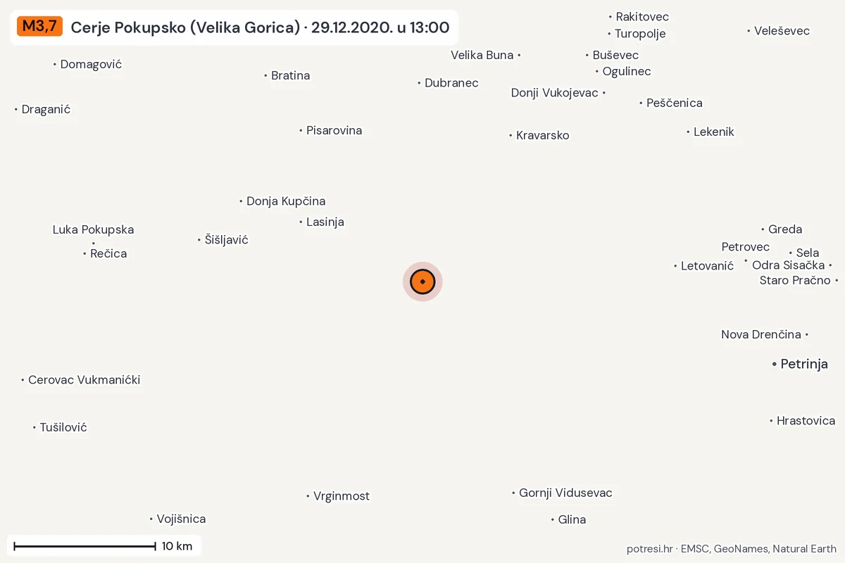 Karta: okolica epicentra, 60 km, potres M3,7, Cerje Pokupsko (Velika Gorica), 29.12.2020.