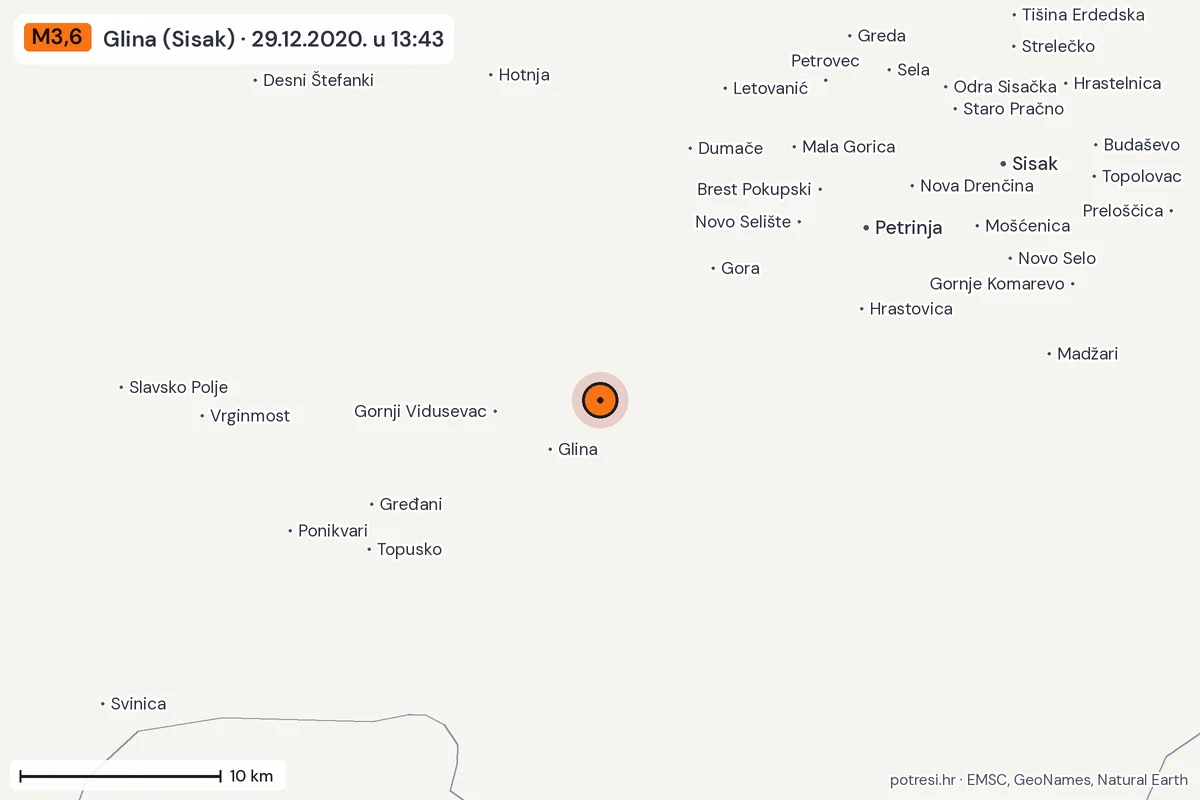 Karta: okolica epicentra, 60 km, potres M3,6, Glina (Sisak), 29.12.2020.