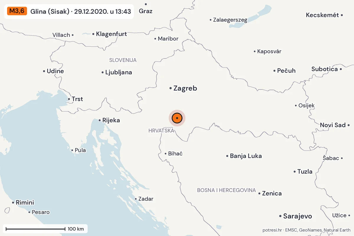 Karta: šire područje, 600 km, potres M3,6, Glina (Sisak), 29.12.2020.