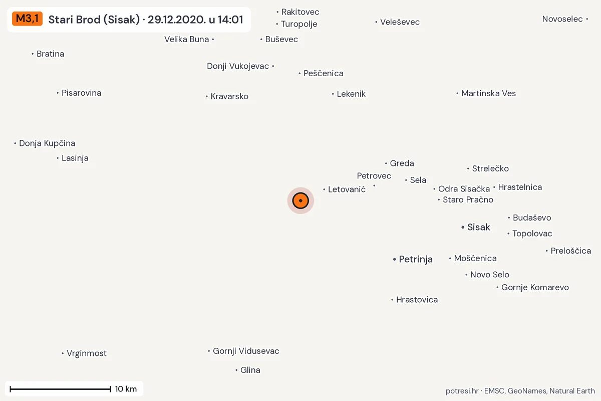 Karta: okolica epicentra, 60 km, potres M3,1, Stari Brod (Sisak), 29.12.2020.