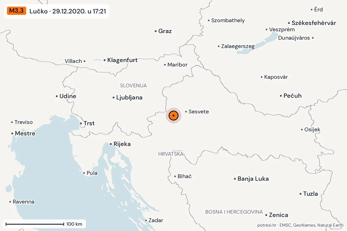 Karta: šire područje, 600 km, potres M3,3, Lučko, 29.12.2020.