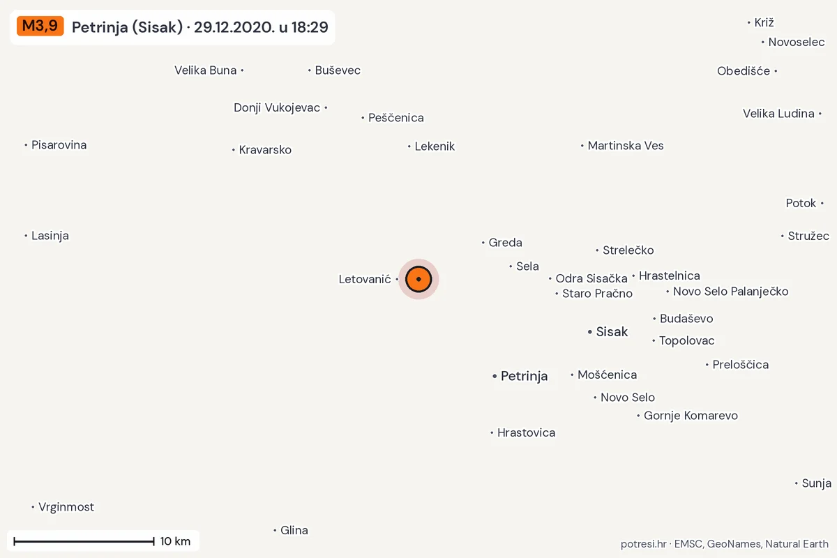 Karta: okolica epicentra, 60 km, potres M3,9, Petrinja (Sisak), 29.12.2020.