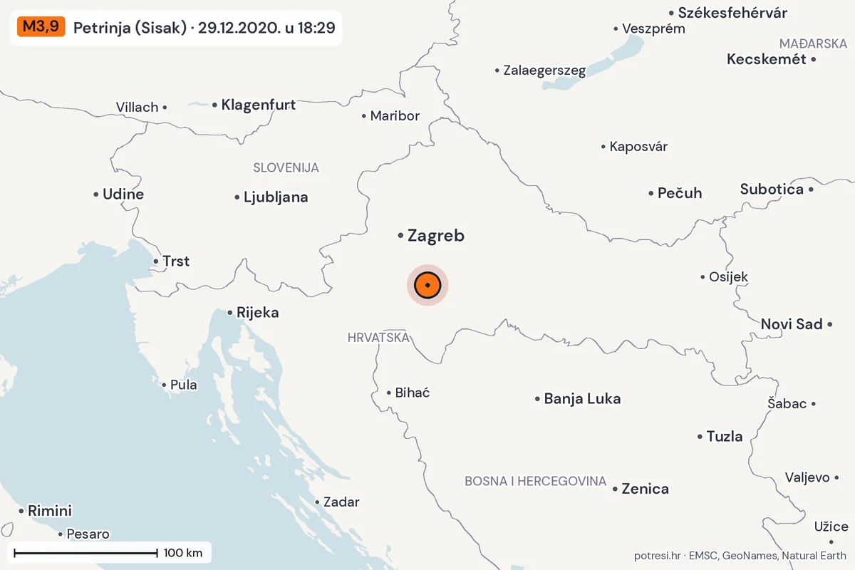 Karta: šire područje, 600 km, potres M3,9, Petrinja (Sisak), 29.12.2020.